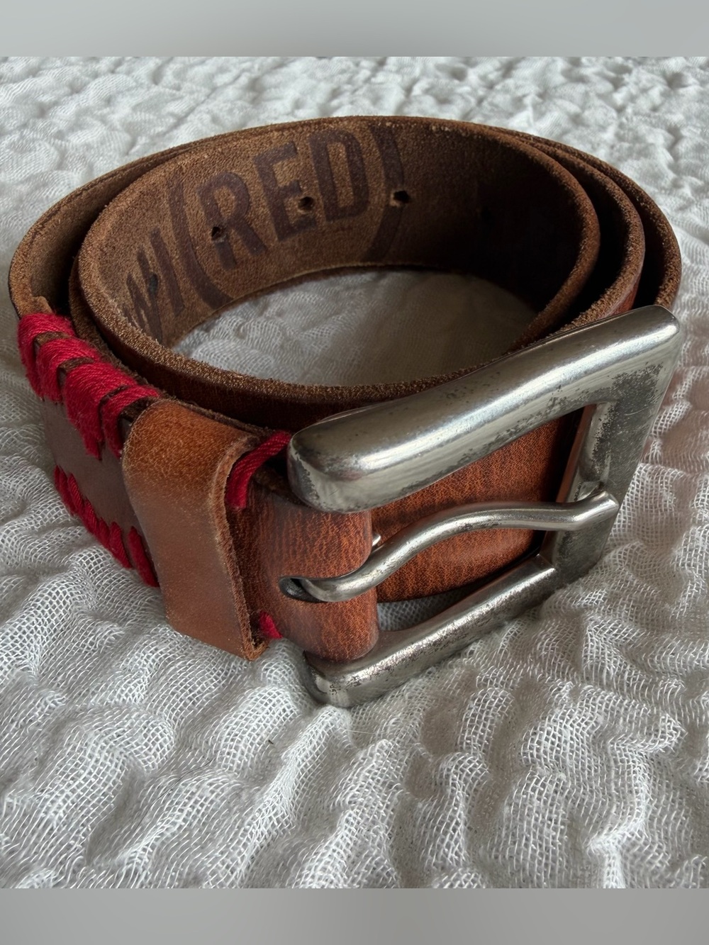 Y2K Product Red for Gap Leather Belt with Red Contrast Stitching Chunky Buckle